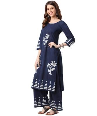 Navy Blue Cotton Straight Block Printed Kurta Palazzo Set 2