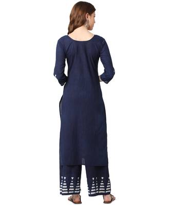 Navy Blue Cotton Straight Block Printed Kurta Palazzo Set 3