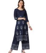 Navy Blue Cotton Straight Block Printed Kurta Palazzo Set