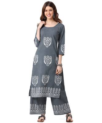 Teal Cotton Straight Block Printed Kurta Palazzo Set 1
