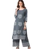 Teal Cotton Straight Block Printed Kurta Palazzo Set