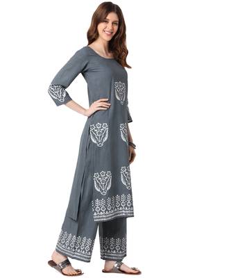 Teal Cotton Straight Block Printed Kurta Palazzo Set 2