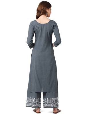Teal Cotton Straight Block Printed Kurta Palazzo Set 3