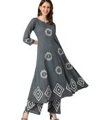 Teal Cotton Anarkali Block Printed Kurta Palazzo Set