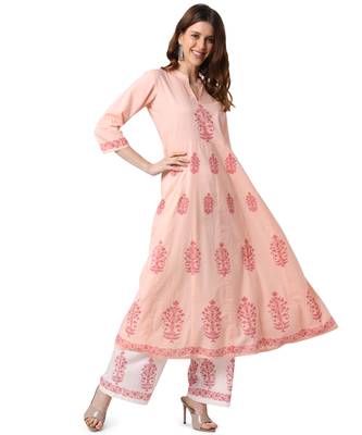 Pink Cotton Anarkali Block Printed Kurta Palazzo Set 1