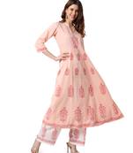Pink Cotton Anarkali Block Printed Kurta Palazzo Set