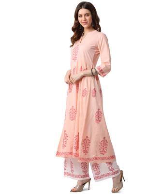 Pink Cotton Anarkali Block Printed Kurta Palazzo Set 2