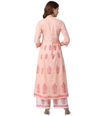 Pink Cotton Anarkali Block Printed Kurta Palazzo Set 3