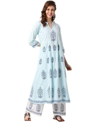Blue Cotton Anarkali Block Printed Kurta Palazzo Set 1