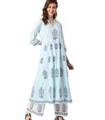 Blue Cotton Anarkali Block Printed Kurta Palazzo Set