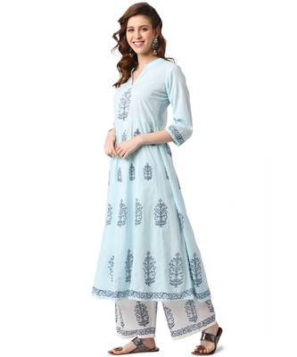 Blue Cotton Anarkali Block Printed Kurta Palazzo Set 2