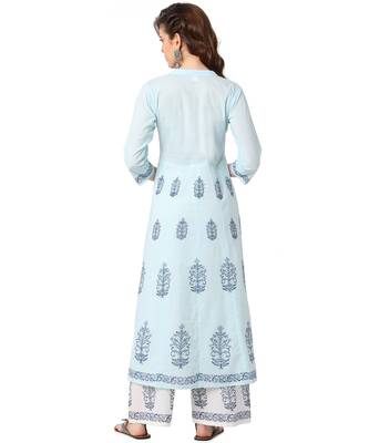 Blue Cotton Anarkali Block Printed Kurta Palazzo Set 3