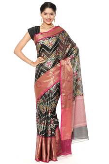 Black woven katan silk saree with blouse