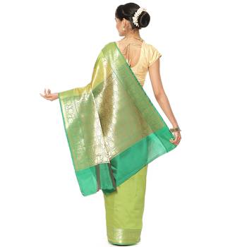 Green woven katan silk saree with blouse 3