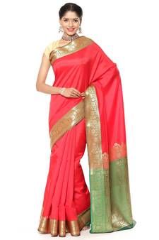 Red woven katan silk saree with blouse