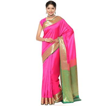 Pink woven katan silk saree with blouse 1