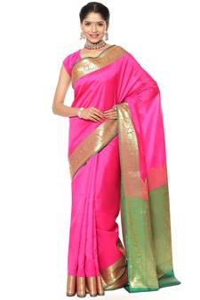 Pink woven katan silk saree with blouse