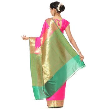 Pink woven katan silk saree with blouse 3