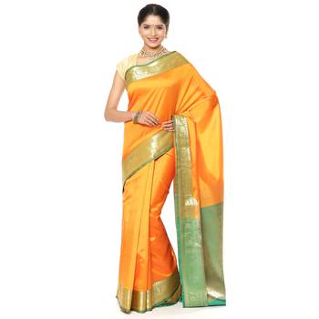 Beige woven katan silk saree with blouse 2