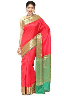 Red woven katan silk saree with blouse