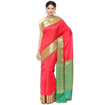 Red woven katan silk saree with blouse 2