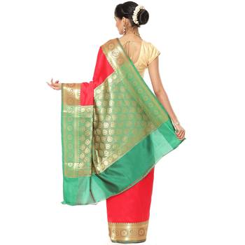 Red woven katan silk saree with blouse 3
