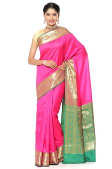 Pink woven katan silk saree with blouse