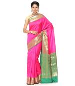 Pink woven katan silk saree with blouse