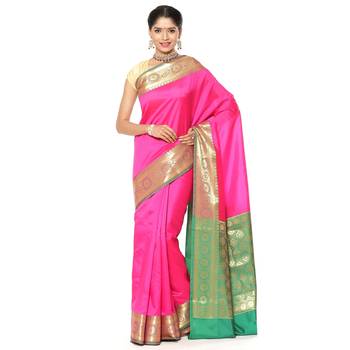 Pink woven katan silk saree with blouse 2