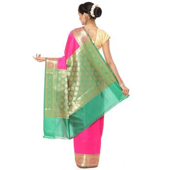 Pink woven katan silk saree with blouse 3