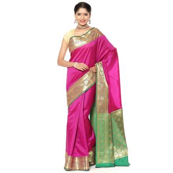 Pink woven katan silk saree with blouse 1
