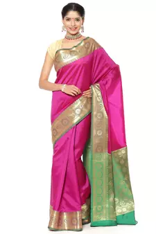 Pink woven katan silk saree with blouse