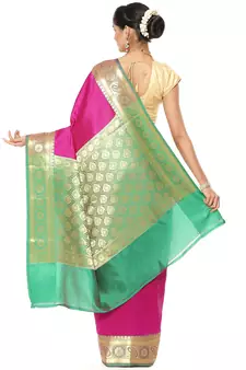 Pink woven katan silk saree with blouse