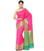 Pink woven katan silk saree with blouse
