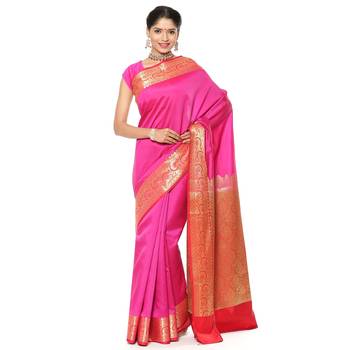 Pink woven katan silk saree with blouse 1