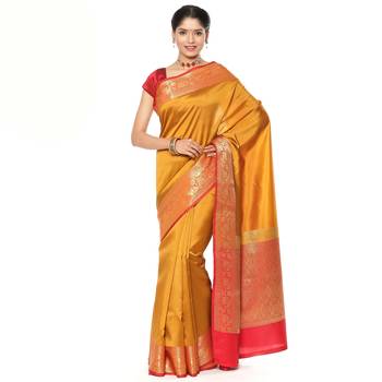Yellow woven katan silk saree with blouse 1