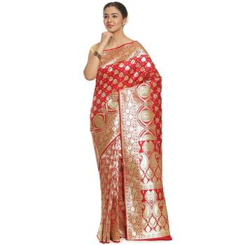 Red woven satin saree with blouse 1