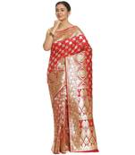Red woven satin saree with blouse