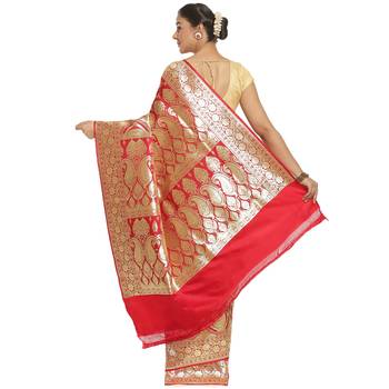 Red woven satin saree with blouse 2