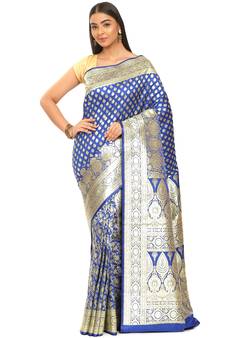 Blue woven satin saree with blouse