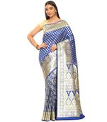 Blue woven satin saree with blouse