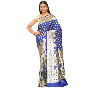 Blue woven satin saree with blouse 1