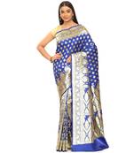 Blue woven satin saree with blouse