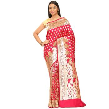 Pink woven satin saree with blouse 1