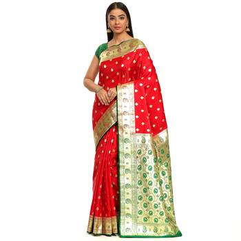 Red woven satin saree with blouse 1