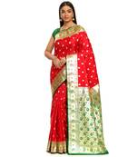 Red woven satin saree with blouse