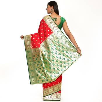 Red woven satin saree with blouse 2
