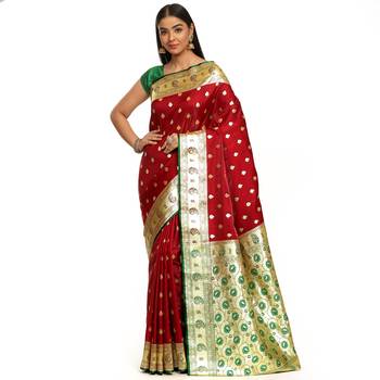 Maroon woven satin saree with blouse 1