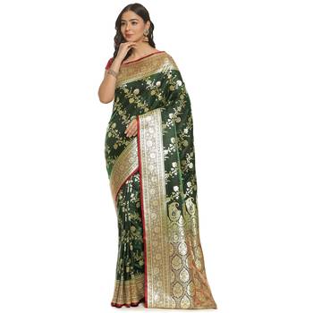 Green woven satin saree with blouse 1