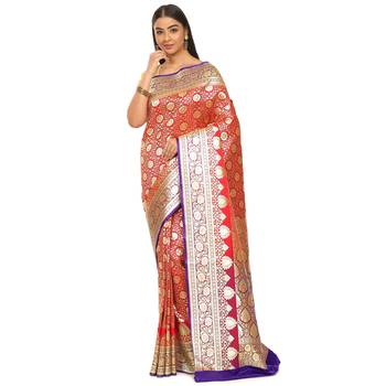 Red woven satin saree with blouse 1